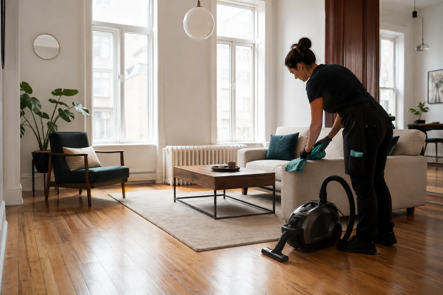 Professionnelle effectuant l’entretien d’un salon montréalais